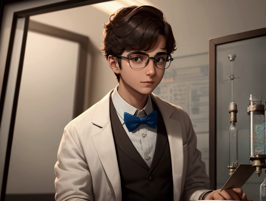 A smart mature (scientist) boy, wearing traditional rectangle glasses, frame less glasses, scientist boy , science lab