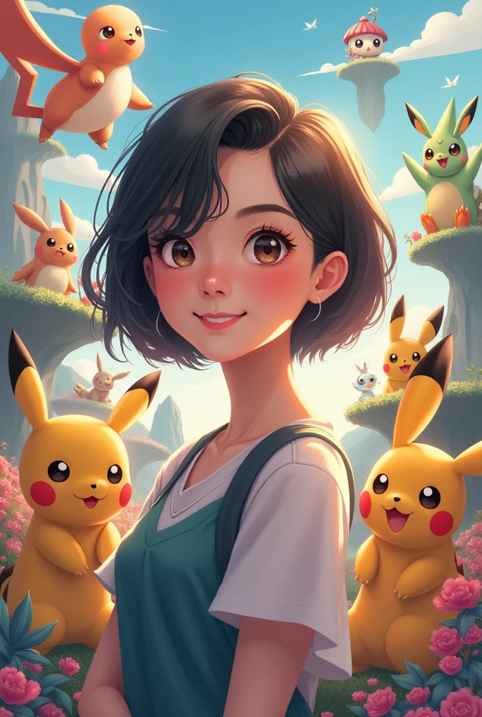 Make a picture of a smiling Asian woman with short hair against a Pokemon background.
