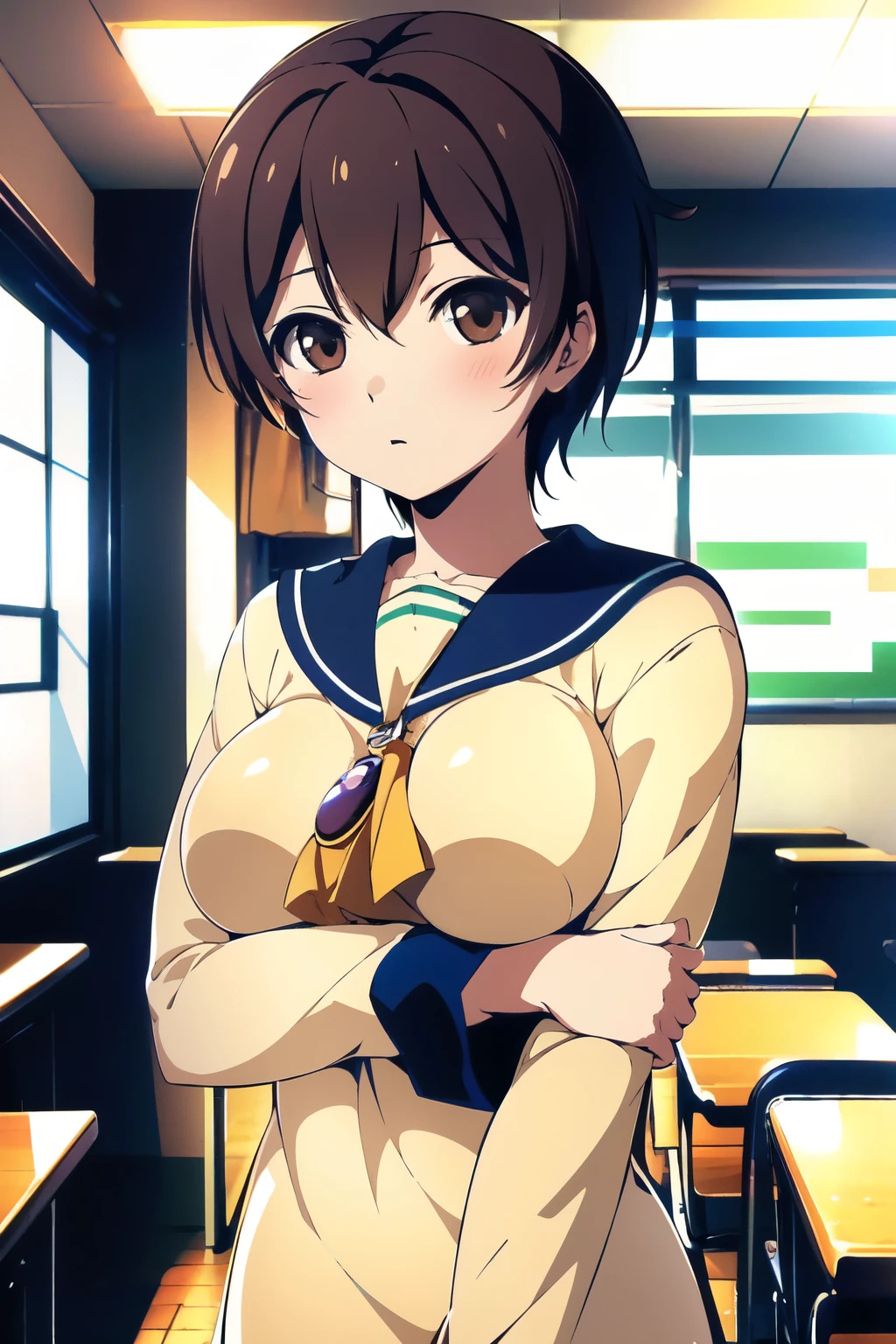 (masterpiece), (最high quality, high quality:1.4) High resolution, classroom, Upper Body, View your viewers, One girl, Are standing, Arms crossed, Beige shirt, Long sleeve, Naomi CP, Large Breasts,blush