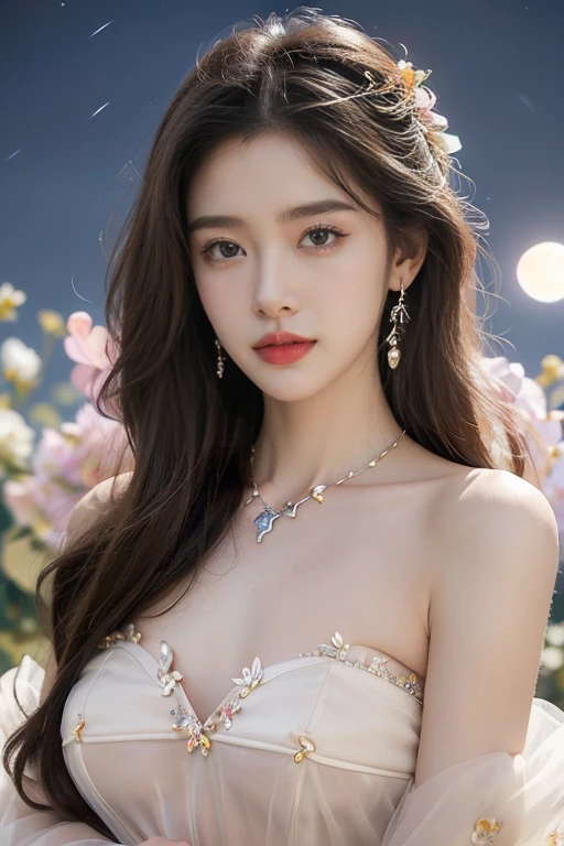 (((best quality))),(((Extremely detailed))),(((masterpiece))),illustration,((1 beautiful girl,Solitary)),(Neat ball head:1.2),((earrings,crystal necklace)),((Slim,Thin)),((Small Breasts,flat chest)),(A bright moon in the clear night sky as the background:1.3), Soft light,(In a world full of bright flowers:1.3),(Strapless Charming Tulle Bra:1.3),Bright Eyes,beautiful,(Surrounded by colorful flowers:1.5), kaleidoscope, flash,Bright Moonlight, Delicate petals, fragrance, Otherworldly, Magical Realm, charm, peaceful, essence of beauty, Peace,(outdoor:1.2),(Night view:1.3),((From the front,Close-up of face))