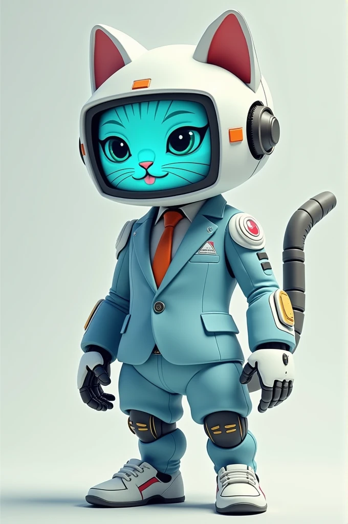 A cat android with a TV head, white skin, a light blue suit, and a look similar to Fortnite&#39;s Lynx and V from Murder Drones 