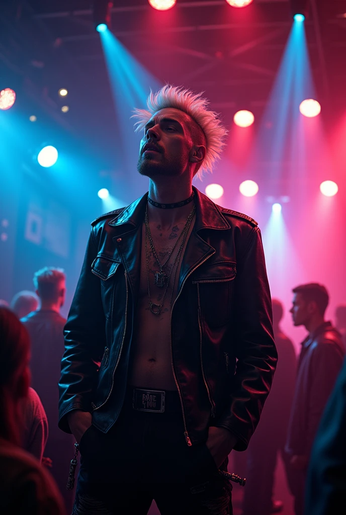 a punk man with blonde hair, detailed face with scar, wearing gangster outfit, singing karaoke in a room with led lights, neon lights and disco lights, highly detailed, 8k, photorealistic, dramatic lighting, cinematic composition, moody atmosphere