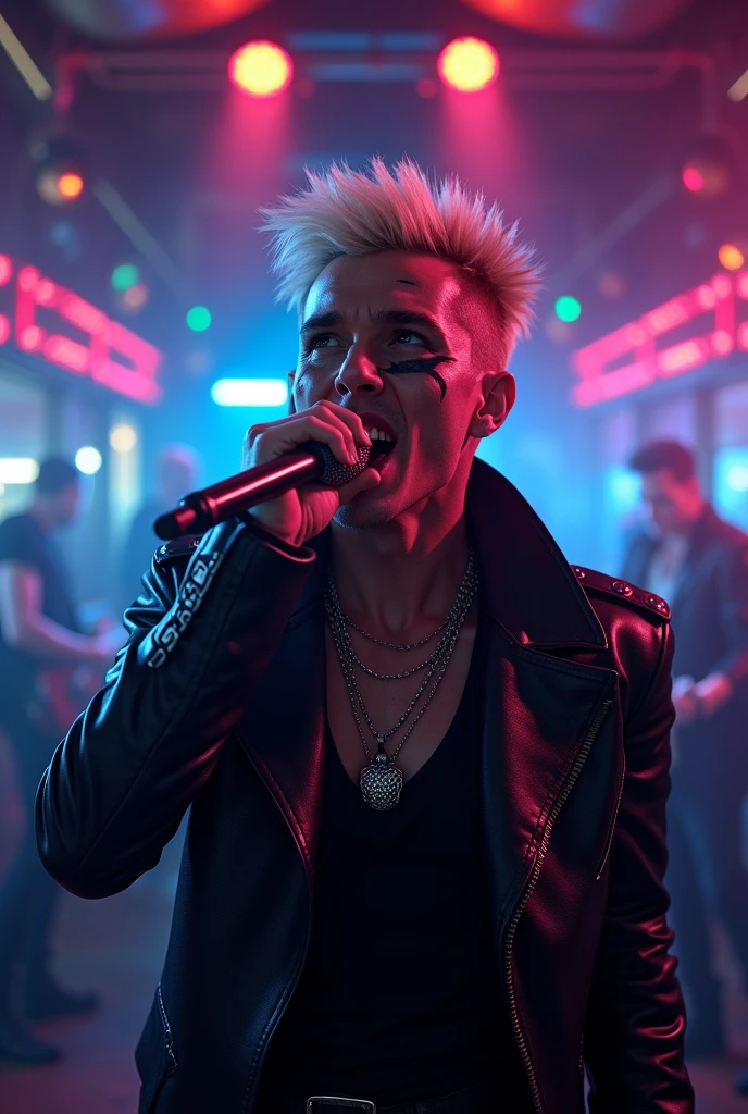 a punk man with blonde hair, detailed face with scar, wearing gangster outfit, singing karaoke in a room with led lights, neon lights and disco lights, highly detailed, 8k, photorealistic, dramatic lighting, cinematic composition, moody atmosphere