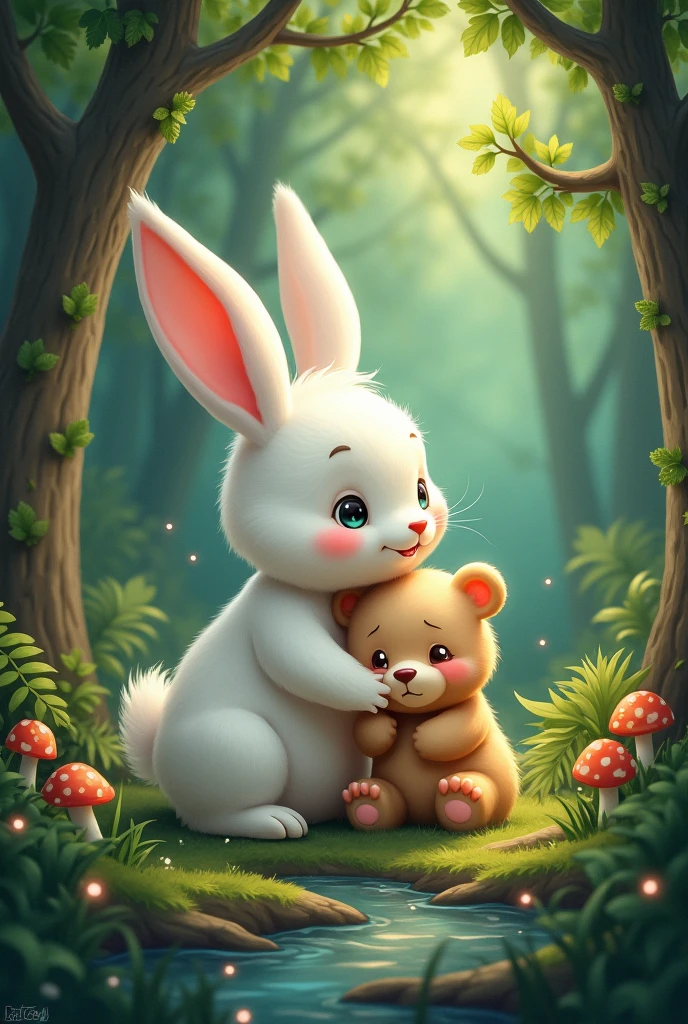 White rabbit helps crying baby bear lost in the forest cartoon