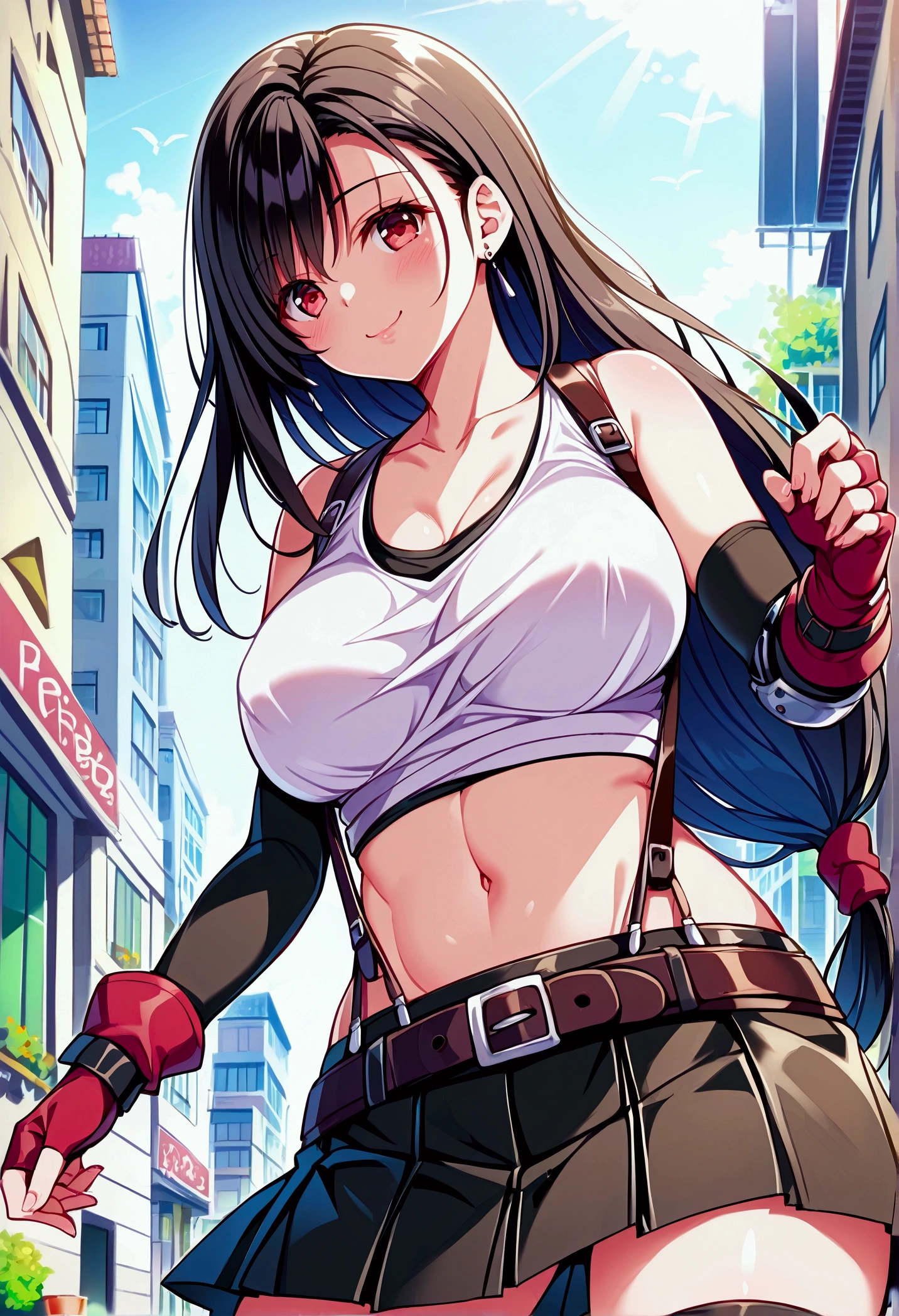 (score_9
score_8_up
score_7_up
score_6_up
score_5_up
score_4_up
source_anime),,BREAK ,breast below view, breast press,,standing,, upperbody,,Solo ,1girl, tifa lockhart, final fantasy, tareme,black hair, low-tied long hair, red eyes, bangs, (white tank top, belt, pleated skirt, thighhighs, elbow fingerless gloves, elbow pads, midriff, navel,suspender skirt) ,(large_breast),(light smile),daytime,outdoor,(ultra detailed),(best quality),(aesthetic,very aesthetic),UHD,extremely detailed CG unity 8k wallpaper,depth of field,,,detailed face and eyes