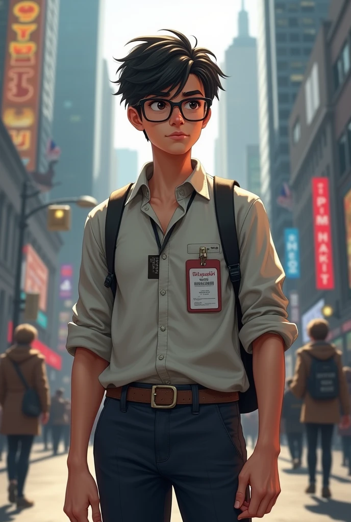 Male teenage reporter with black hair glasses 