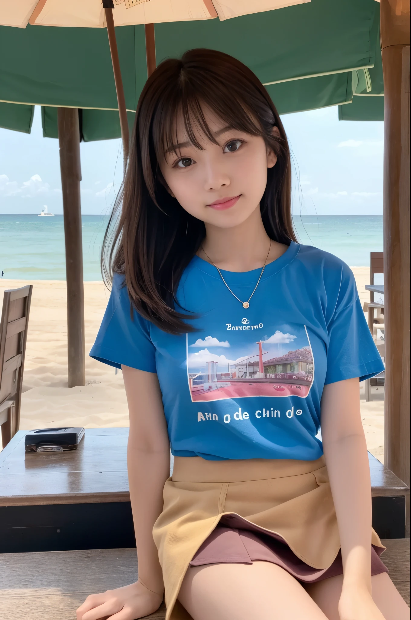 A girl (twenty years old, Japanese cute face) are wearing Tshirts, mini skirt at the beach bar