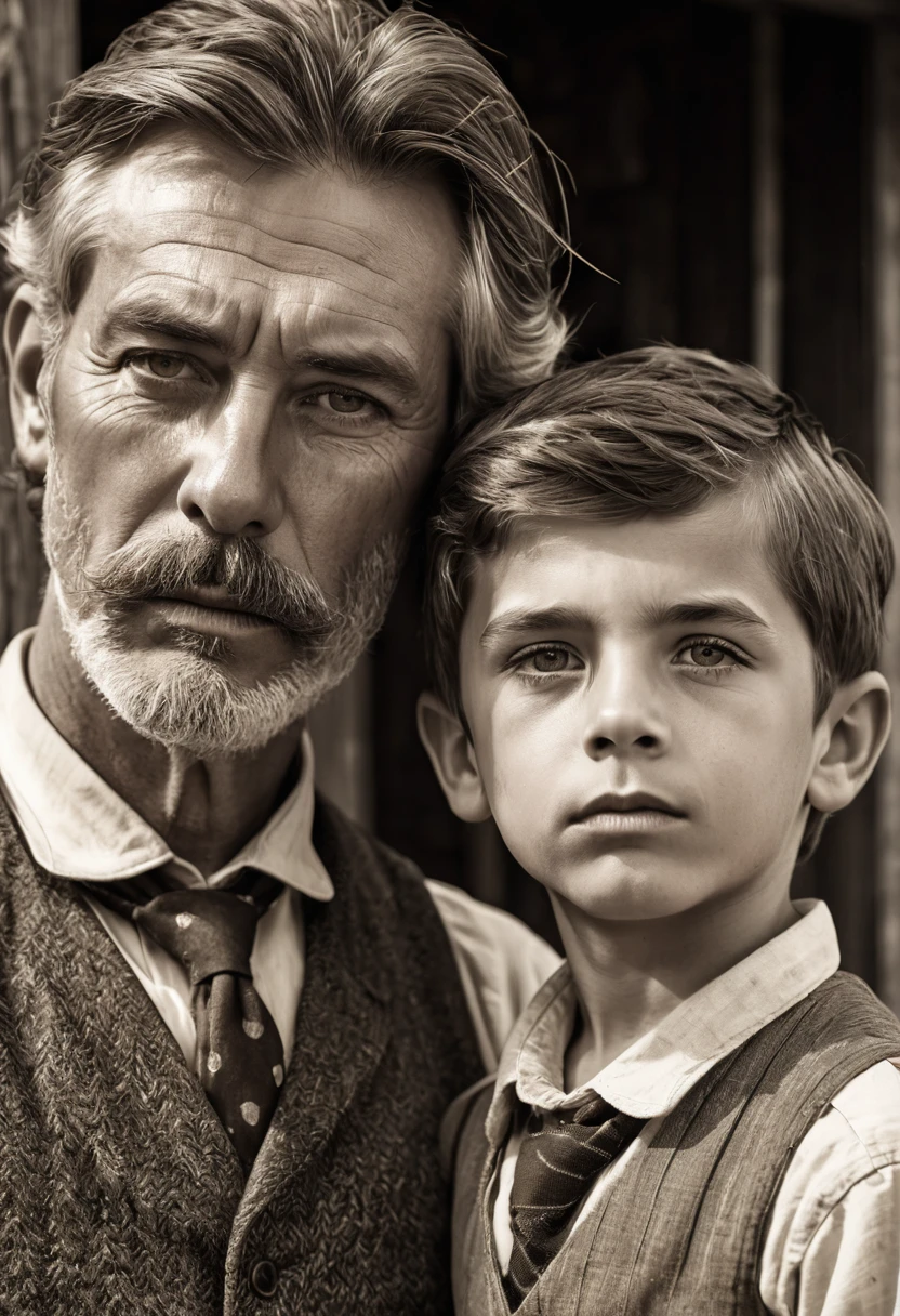 1870s american midwest small town, serious father and son portrait, monochrome, retro, sepia toned, heavy shadows, (best quality,4k,8k,highres,masterpiece:1.2),ultra-detailed,(realistic,photorealistic,photo-realistic:1.37),HDR,UHD,studio lighting,extremely detailed portrait,extremely detailed face and eyes,beautiful detailed eyes,beautiful detailed lips,longeyelashes,serious expression,father and son,rural,rustic,old-fashioned clothing,natural lighting,cinematic,warm tones