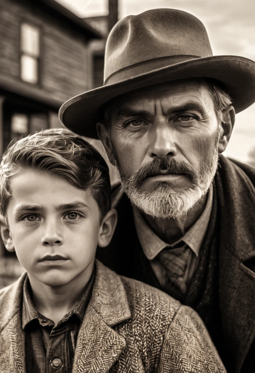 1870s american midwest small town, serious father and  son portrait, monochrome, retro, sepia toned, heavy shadows, (best quality,4k,8k,highres,masterpiece:1.2),ultra-detailed,(realistic,photorealistic,photo-realistic:1.37),HDR,UHD,studio lighting,extremely detailed portrait,extremely detailed face and eyes,beautiful detailed eyes,beautiful detailed lips,longeyelashes,serious expression,father and son,rural,rustic,old-fashioned clothing,natural lighting,cinematic,warm tones