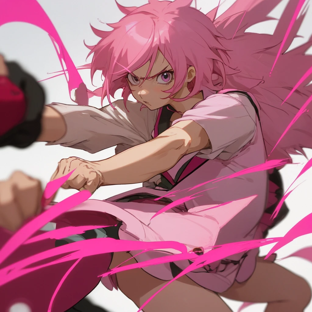 Create a short half long pink hair anime character punching the screen
