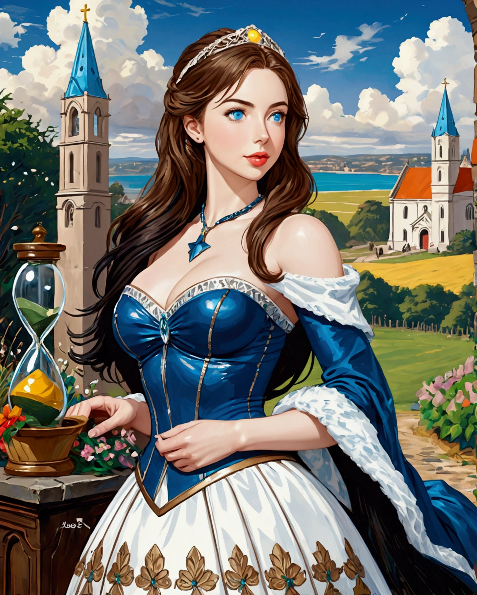 Young Beautiful Princess Bride (Black Hair Hour Glass Figure Jessica Green Adelaide Kane Molly Quinn Hyper Large Blue Eyes. BUFF TONED FIT Hyper MUSCULAR. . Hourglass Figure Large Bust Ultra-Realistic. ) And Prince Groom (Bearded Michael Seater) Smiling To Each Other Beautiful Church In The Background. Dickensian. Official Art Award Winning Digital Painting Digital Illustration Extreme Detail 4k Ultra Hd Rococo Polished Intricate Realistic Fantasy Art Sharp Focus Concept Art Art By Wlop Artgerm (2d Vector Illustration)