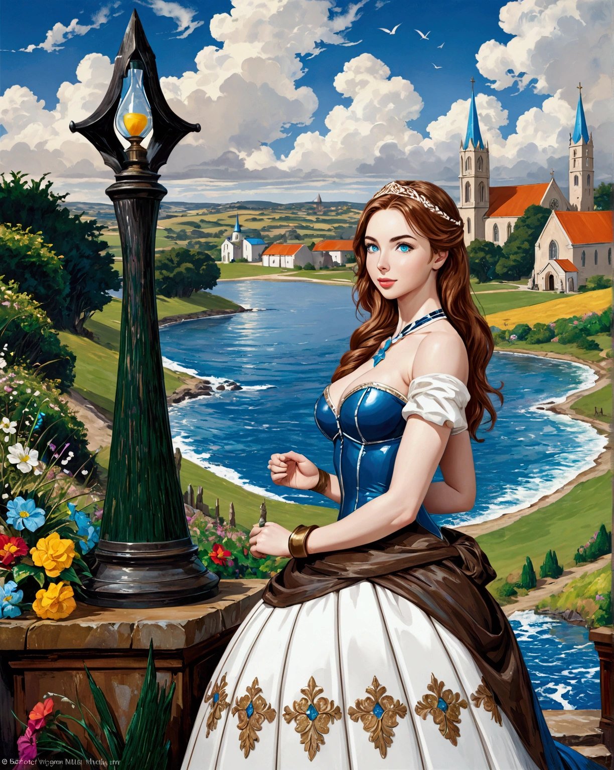 Young Beautiful Princess Bride (Black Hair Hour Glass Figure Jessica Green Adelaide Kane Molly Quinn Hyper Large Blue Eyes. BUFF TONED FIT Hyper MUSCULAR. . Hourglass Figure Large Bust Ultra-Realistic. ) And Prince Groom (Bearded Michael Seater) Smiling To Each Other Beautiful Church In The Background. Dickensian. Official Art Award Winning Digital Painting Digital Illustration Extreme Detail 4k Ultra Hd Rococo Polished Intricate Realistic Fantasy Art Sharp Focus Concept Art Art By Wlop Artgerm (2d Vector Illustration)