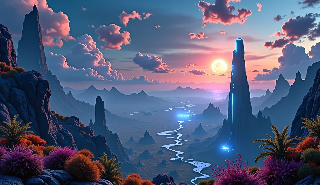 A vast, alien world, 13 times larger than Earth, 8 continents, 3 moons, highly detailed, hyper-realistic, cinematic, dramatic lighting, epic landscape, alien architecture, floating islands, bioluminescent flora and fauna, awe-inspiring scale, volumetric clouds, vibrant colors, dramatic shadows, photorealistic, 8k, masterpiece