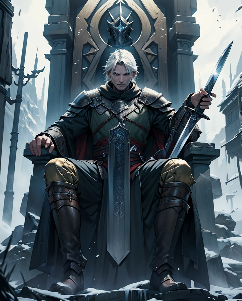 Please create a high-definition cover for my novel with a domineering man holding a huge sword in both hands and sitting on the throne with legs open.,This is its introduction:Winter is coming,The fate of Skyrim hangs by a thread。The Thalmor's cavalry tramples this ancient land,The shadow of the dragon looms over the world。And he,Relos,A humble bastard,But holds the power to change everything - the blood of the Dragonborn。 But it's not salvation he desires,But conquer。He will pave a bloody road to the pinnacle of power with iron, blood and fire,Stepping on the corpses of enemies,Ascend the and cold throne。