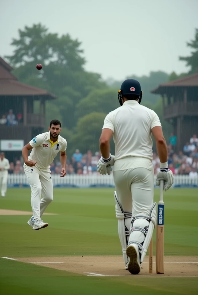 Certainly! Here’s a more detailed description:

"A photo of a Test cricket match in England, captured on a cloudy afternoon. The scene shows a green, well-manicured pitch with a white boundary line. In the foreground, a bowler in traditional white kit is mid-delivery, his follow-through captured in motion. The batsman, wearing a white helmet and pads, is poised to play the ball, with a focused expression. Fielders are positioned in classic Test match placements: a slip cordon, a gully, and a short leg. The background reveals an iconic English cricket ground, with an old-fashioned pavilion and a crowd of spectators in the stands. The overcast sky and the slight drizzle add to the classic English cricket ambiance."