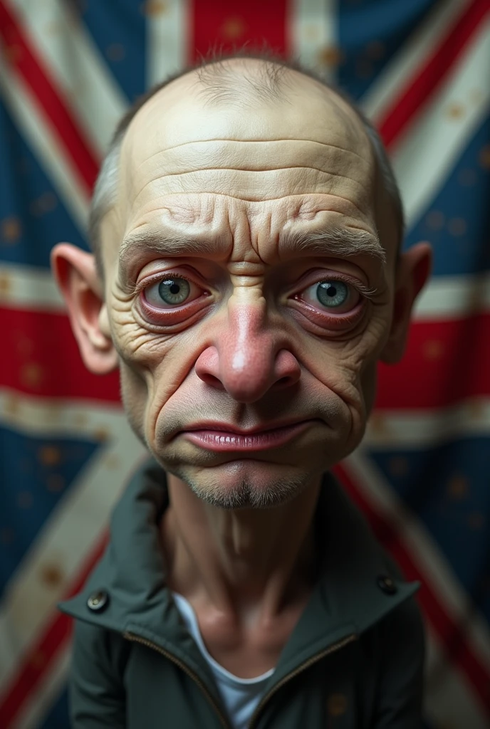 A weird ugly white man face with Britain flag in background 