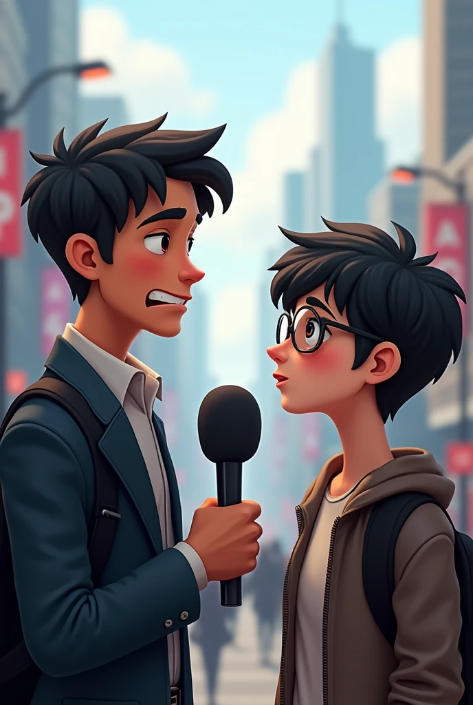 Reporter with microphone in hand teenager with glasses black hair