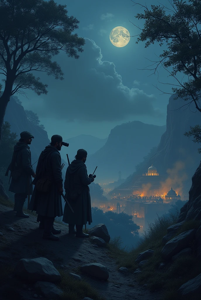 "A scene showing a group of Maratha scouts hidden among the trees and rocks, observing the Mughal camp from a distance before the attack. The scouts are dressed in stealthy, dark clothing, blending into the shadows of the night. They hold binoculars or spyglasses, carefully watching the movements of the Mughal soldiers, with intense focus and anticipation on their faces