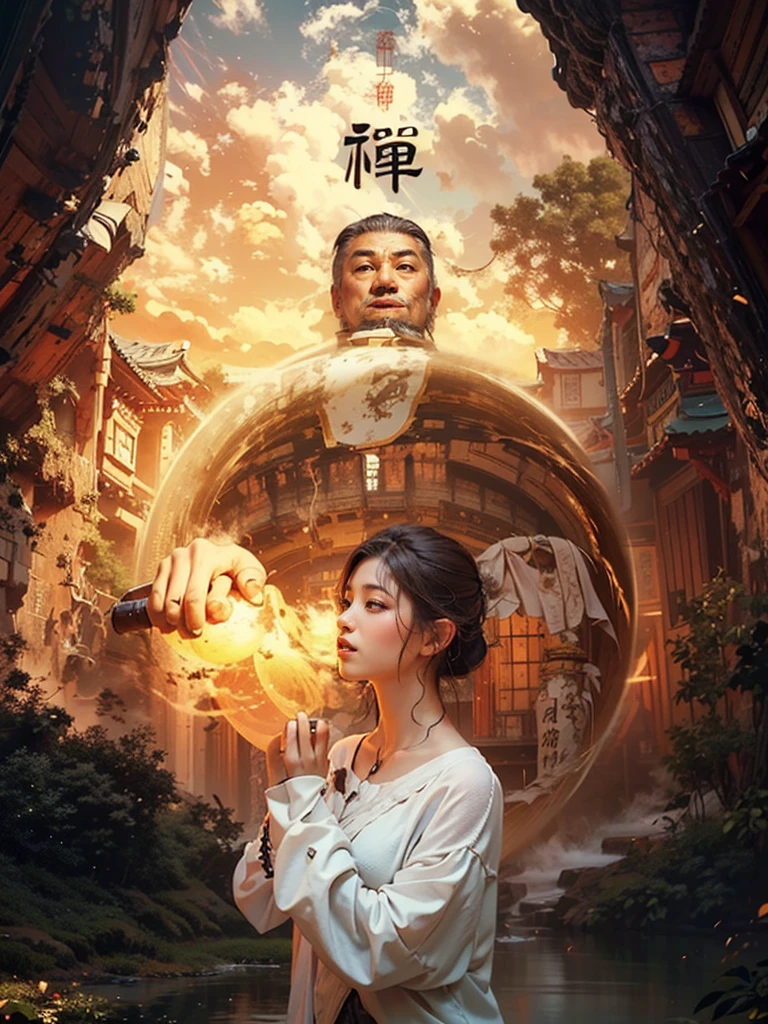 best quality,masterpiece,Ultra-high resolution,(Reality:1.4),xiuxian,arms,Delicate face,Solitary,arms,cleveage,(Magic Circle:1.2),xiuxian,Upper Body,beautiful girl,whole body,east asian architecture,sheath,architecture,
