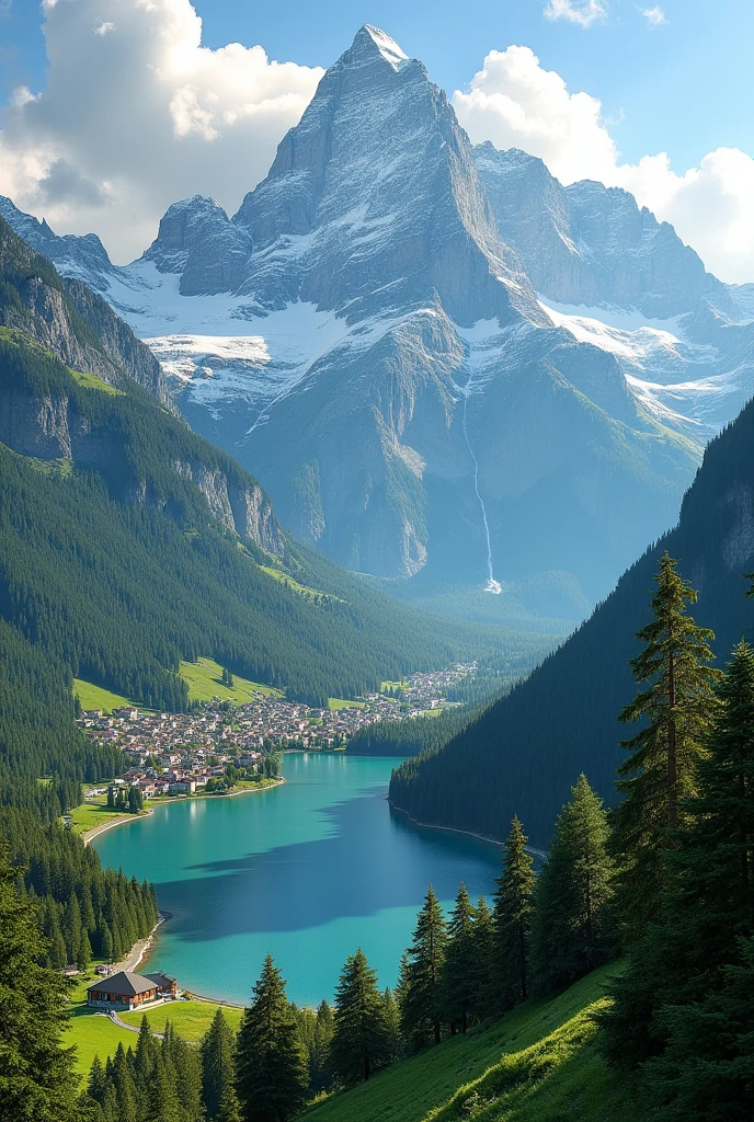a beautiful landscape of the french alps, majestic snow-capped mountains, lush green forests, crystal clear lakes, picturesque alpine villages, serene atmosphere, dramatic lighting, (best quality,4k,8k,highres,masterpiece:1.2),ultra-detailed,(realistic,photorealistic,photo-realistic:1.37),landscape,nature,mountains,lakes,forests,village,dramatic lighting,vibrant colors,warm palette