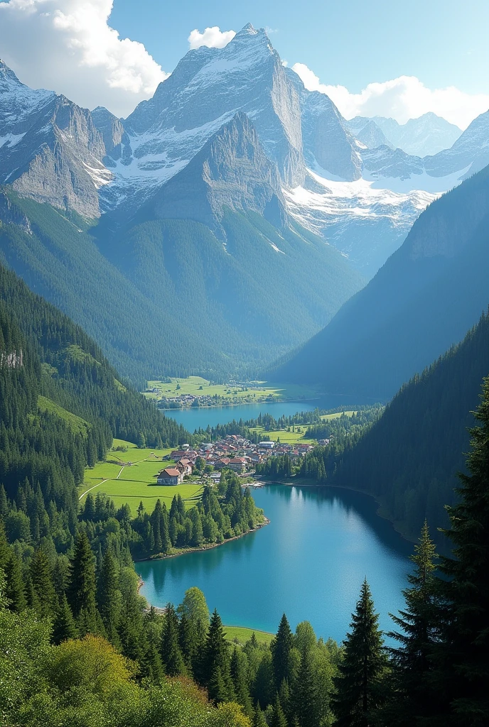 a beautiful landscape of the french alps, majestic snow-capped mountains, lush green forests, crystal clear lakes, picturesque alpine villages, serene atmosphere, dramatic lighting, (best quality,4k,8k,highres,masterpiece:1.2),ultra-detailed,(realistic,photorealistic,photo-realistic:1.37),landscape,nature,mountains,lakes,forests,village,dramatic lighting,vibrant colors,warm palette
