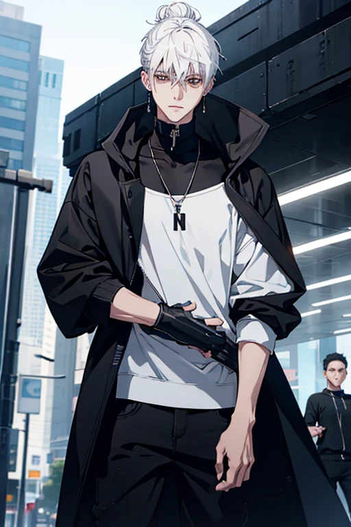 Anime man gradient young white hair short shaved sides flip hair bun to left side in middle serious face with black earrings black sweatshirt speed jeans futuristic clothes black dark circles big black hair big brown hair extremely futuristic clothes futuristic clothes skinny sweatshirt black jeans male cloak that covers the shoulders