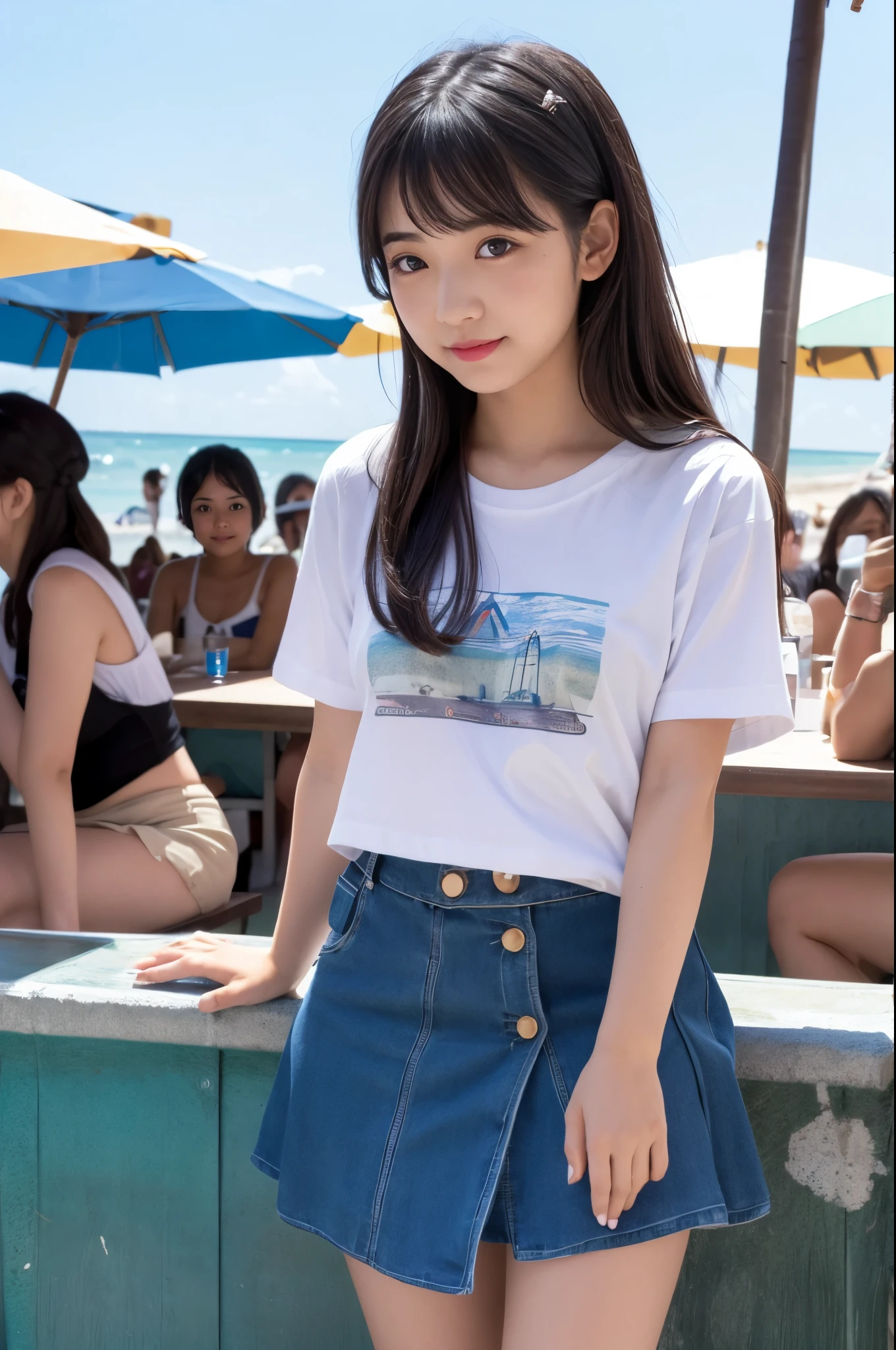 A girl (20s years old, Japanese cute face) are wearing Tshirts, mini skirt at the beach bar