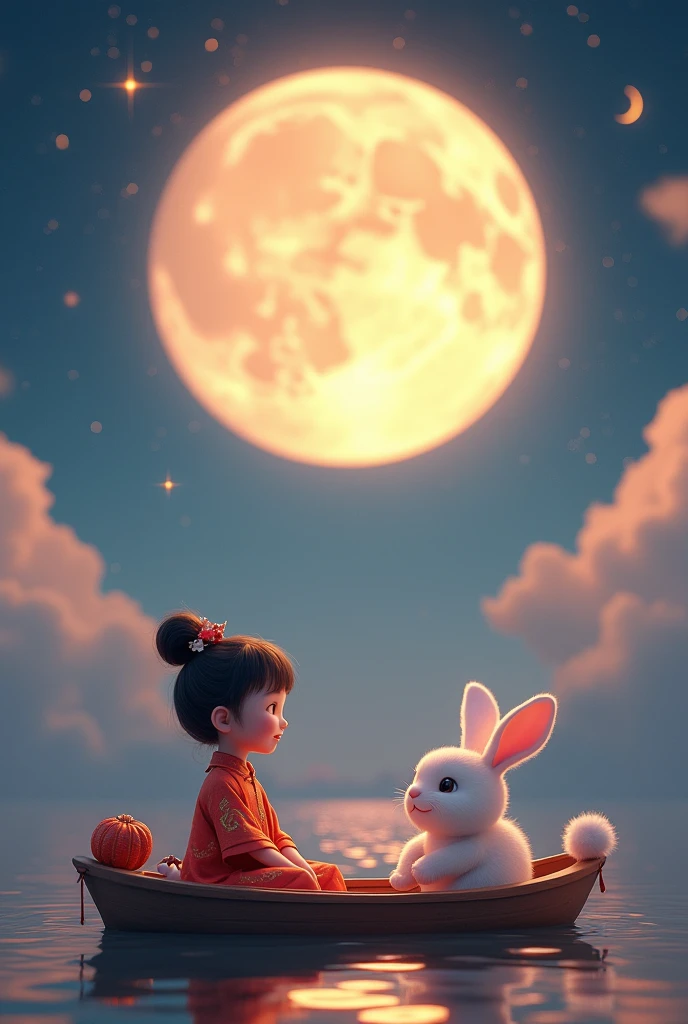 3d rendering poster, in front of a huge moon, beautiful night, warm lights, a cute and happy girl wearing traditional chinese clothing, a rabbit, sitting on a boat, looking at the moon in the distance, mooncakes, auspicious clouds, bright colors, warm colors, surrealism, pixar style, disney style, clear contour light, increasing overall visual effect - ar 59:128, edge light, fantasy, outdoor cold and warm contrasting colors, spotlight, 8k ar, c4d, oc rendering, blender,,,in clothes