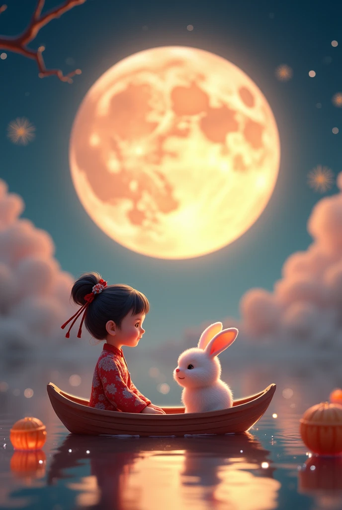 3d rendering poster, in front of a huge moon, beautiful night, warm lights, a cute and happy girl wearing traditional chinese clothing, a rabbit, sitting on a boat, looking at the moon in the distance, mooncakes, auspicious clouds, bright colors, warm colors, surrealism, pixar style, disney style, clear contour light, increasing overall visual effect - ar 59:128, edge light, fantasy, outdoor cold and warm contrasting colors, spotlight, 8k ar, c4d, oc rendering, blender,,,in clothes
