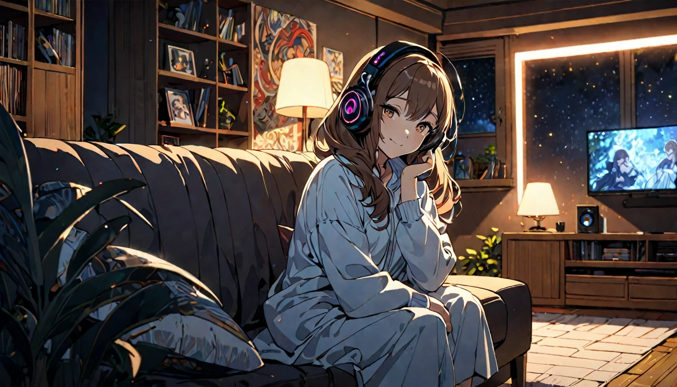 (Brown haired woman wearing headphones), (Relaxing in the dark living room listening to background music), (Very detailed, masterpiece, Highest quality, bright), (Anime Style)
background: Living room with low lighting: Gentle smiling costume: Relaxing Homewear Poses: Sitting on the sofa、Relaxing with knees hugged: A moment surrounded by the silence of the night and pleasant music
