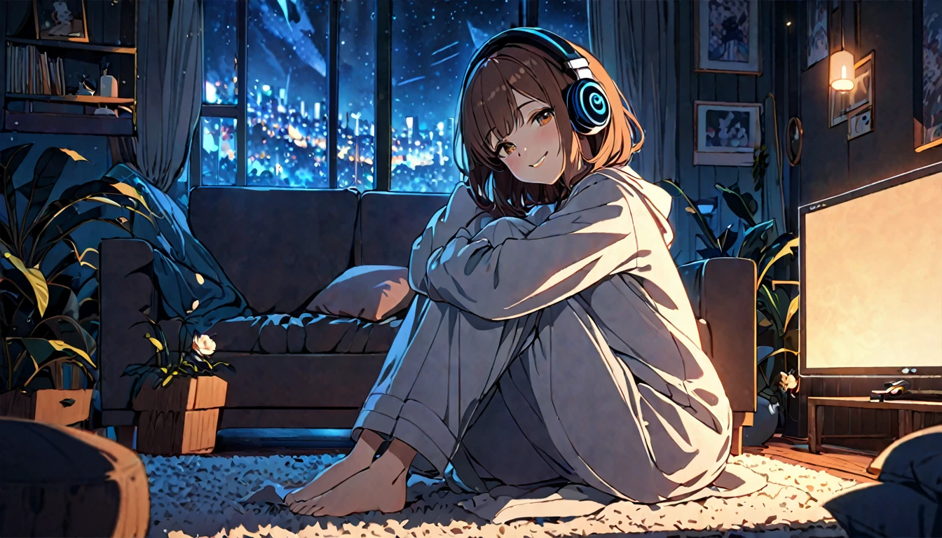 (Brown haired woman wearing headphones), (Relaxing in the dark living room listening to background music), (Very detailed, masterpiece, Highest quality, bright), (Anime Style)
background: Living room with low lighting: Gentle smiling costume: Relaxing Homewear Poses: Sitting on the sofa、Relaxing with knees hugged: A moment surrounded by the silence of the night and pleasant music
