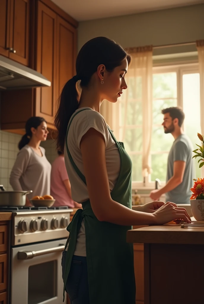 A woman cooking ignoring her husband and parents behind her