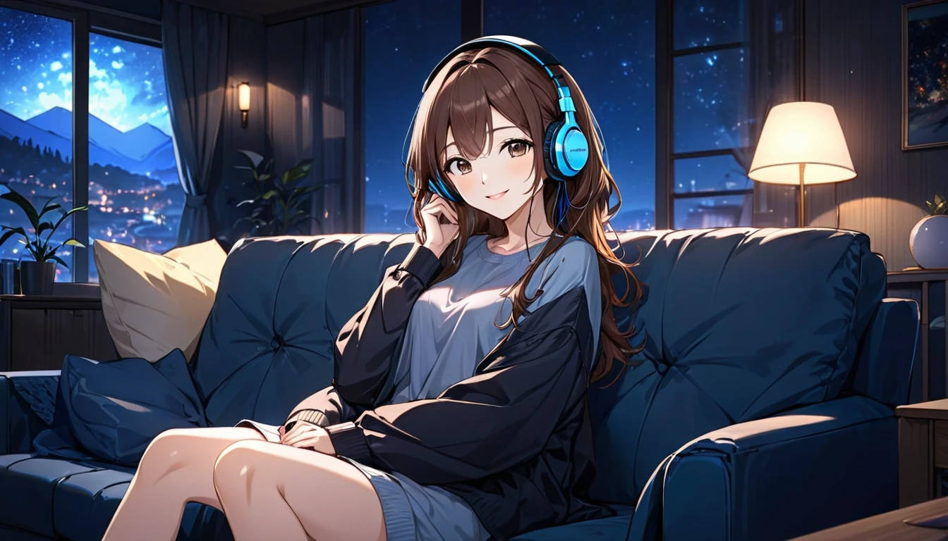 (Brown haired woman wearing headphones), (Relaxing in the dark living room listening to background music), (Very detailed, masterpiece, Highest quality, bright), (Anime Style)
background: Living room with low lighting: Gentle smiling costume: Relaxing Homewear Poses: Sitting on the sofa、Relaxing with knees hugged: A moment surrounded by the silence of the night and pleasant music