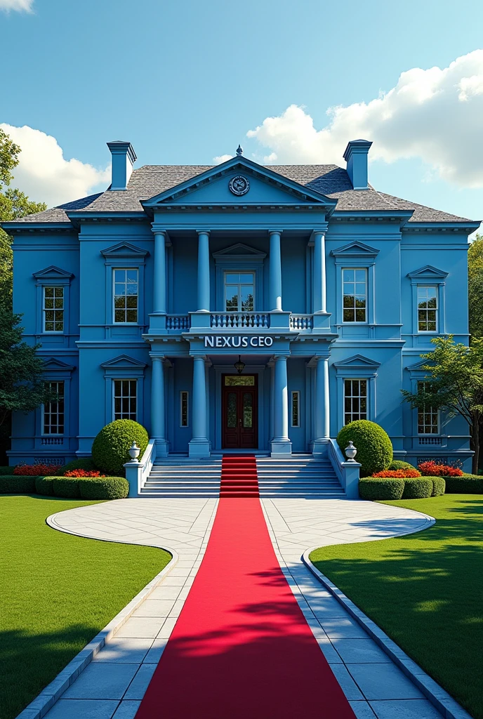 A full view of a blue building with American architecture, exquisite, beautiful and a very extended ground flour,on the entrance is a red carpet.The compound is full of grass and flowers altogether with a tarmac beautifuly shaped road it has it's own compound and no any other building around it.On the concrete of the building are the words NEXUS CEO