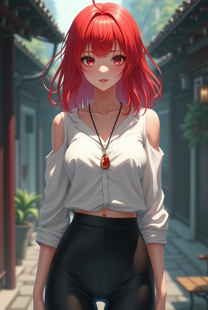 2D, masterpiece, best quality, Japanese cartoons, The face is rich in detail, Very detailed eyes, Very detailed background, Perfect lighting, 1 Girl, Solitary, whole body, permanent, Latex Leggings, White shirt, Red hair, amulet 