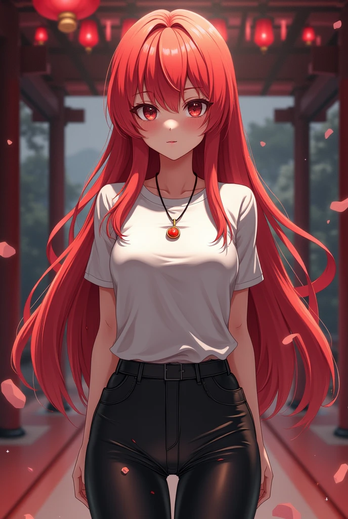 2D, masterpiece, best quality, Japanese cartoons, The face is rich in detail, Very detailed eyes, Very detailed background, Perfect lighting, 1 Girl, Solitary, whole body, permanent, Latex Leggings, White shirt, Red hair, amulet 