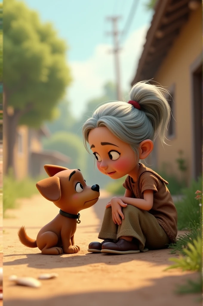 3d cartoon animation image
Prompt: "Tommy, the small dog, cautiously approaching an old lady sitting by the side of a village path. The old lady looks sad and tired, wearing simple, worn-out clothes. Tommy gently nudges her with his nose, trying to comfort her. The setting is calm, with a few trees and a dirt path in the background."
