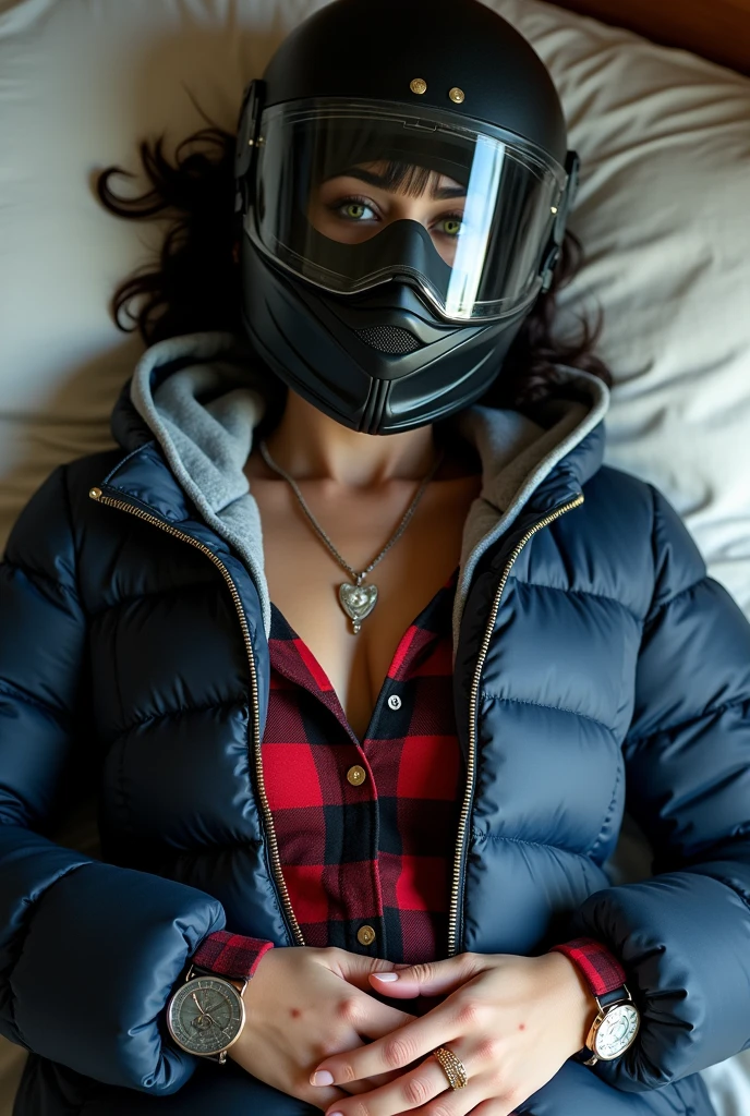 Full body misterious completely hidden face and mouth by biker full face helmet over head, mouth and nose, white skin latin woman, 5'7" tall, medium lush black hair, deep green eyes, wearing zip up dark blue quilted down nylon jacket with golden buttons, closed zipped up gray hoodie jacket under nylon jacket, black bell bottom pants, rolled up sleeves, zipping up jacket, up collar, cleavage, red and black plaid formal button down blouse under hoodie jacket, happy smile, sleeping on bed, high hill sandals, summer sunny day, bag, watch and bracelet, neck chain, ear rings