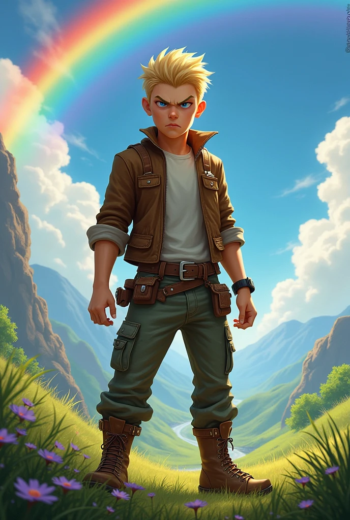 Handsome guy, Blond and angry looking boy looking for treasure at the end of the rainbow