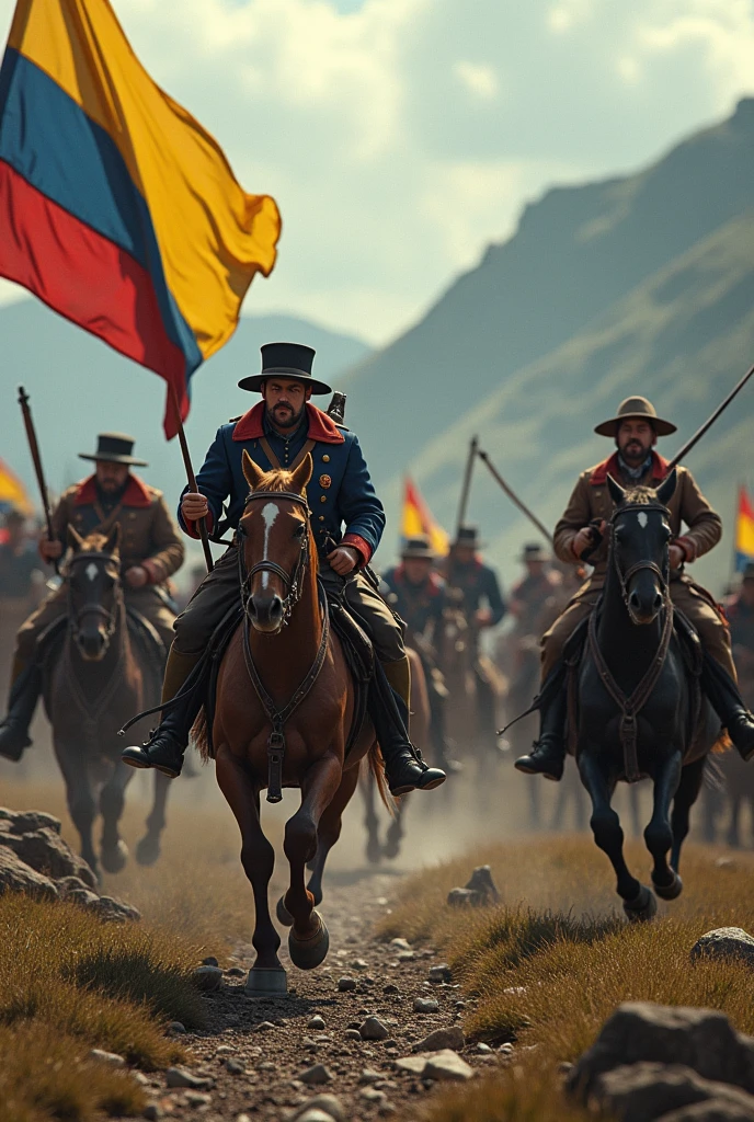 **"Colombian soldiers from the era of Policarpa Salavarrieta, wearing period-appropriate military uniforms with distinctive features, fighting fiercely against Spanish soldiers, set in a mountainous terrain with their horses, with the Colombian flag prominently displayed in the background, captured in a dynamic action scene with soldiers shouting and engaged in combat, hyper-realistic, photo realism, cinematography --ar 9:16"**
