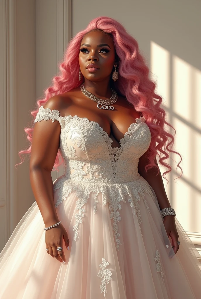 (photorealism:1.2), A realistic beautiful black plus size woman, wearing a wedding dress, with a iced out chain with the words on it COCO with long curly pink hair