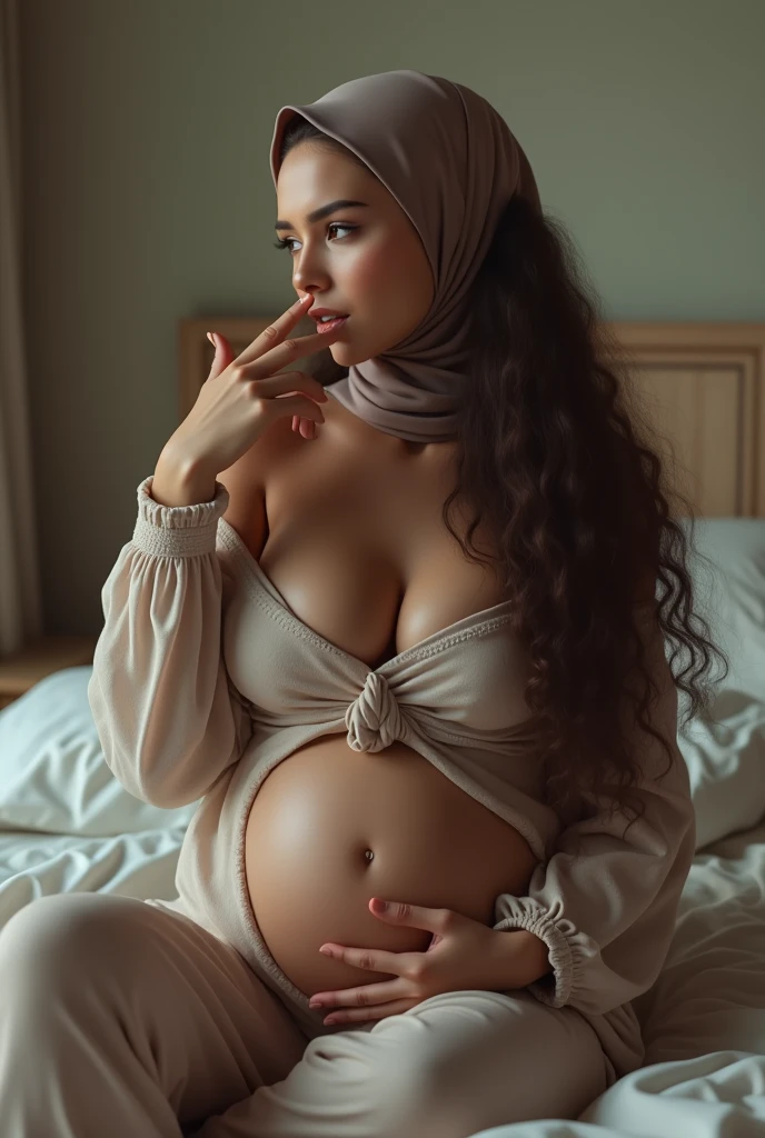 (photorealism:1.2), beautiful woman, sitting on bed, wearing loose off-shoulder top,long curly hair, hijabi niqab, boobs with milk leaked,fingers on mouth,one fibger in pussy.
