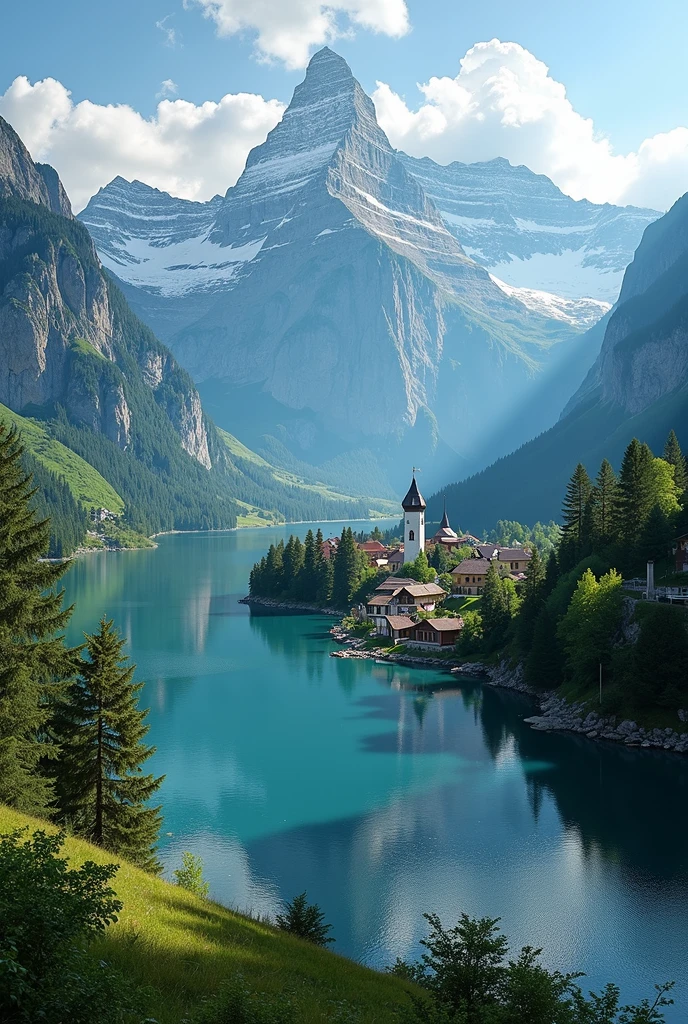 a beautiful landscape of the french alps, majestic snow-capped mountains, lush green forests, crystal clear lakes, picturesque alpine villages, serene atmosphere, dramatic lighting, (best quality,4k,8k,highres,masterpiece:1.2),ultra-detailed,(realistic,photorealistic,photo-realistic:1.37),landscape,nature,mountains,lakes,forests,village,dramatic lighting,vibrant colors,warm palette