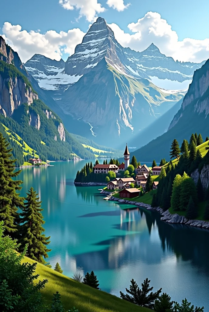 a beautiful landscape of the french alps, majestic snow-capped mountains, lush green forests, crystal clear lakes, picturesque alpine villages, serene atmosphere, dramatic lighting, (best quality,4k,8k,highres,masterpiece:1.2),ultra-detailed,(realistic,photorealistic,photo-realistic:1.37),landscape,nature,mountains,lakes,forests,village,dramatic lighting,vibrant colors,warm palette