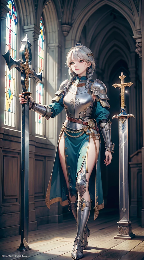 (Official art、Best Quality、Unity 8k Wallpapers、32K、masterpiece、ultra-detailliert、超A high resolution、realisitic、Photorealsitic、Very ridiculous:1.2)、(Cinematic lighting:1.2)、Fireglow effect、film grains、Best Shadows、Rim lighting、side lights、(Ultra-detailed and complex 3D rendering)、Detailed beautiful face and eyes、Sharp pupils、Realistic pupils、A slender、1Man Woman、Medium bust、(Full body:1.2)、 beauitful face、1 beautiful girl、(super detailed skin、detailed skin textures:1.3)、(silver blond、Blue-silver hair:1.3)、Paladin、Longhaire、Blunt bangs、Green eyes、3 braids in 1 bunch、(Blue Armor、Blue Boots、Blue helmet、Jeweled、Gold embroidery)、A slender、Maxi skirt、(thighs thighs thighs thighs:0.8)、(chies、in a house、Artistic stained glass、Large pipe organ、crosses、Hello Point、Mystical、a lot of feathers float、angelicales、Particles of light、solemnity、Sunlight is、colourfull、Fantastical:1.2)、(Fantastical:1.3)、(Holding the Holy Sword:1.4)、(Looking away、looking distantly:1.3)、Fantastical、Gentle smile