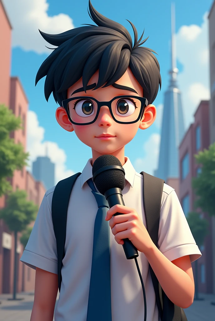 Reporter with microphone in hand black haired male with glasses ager