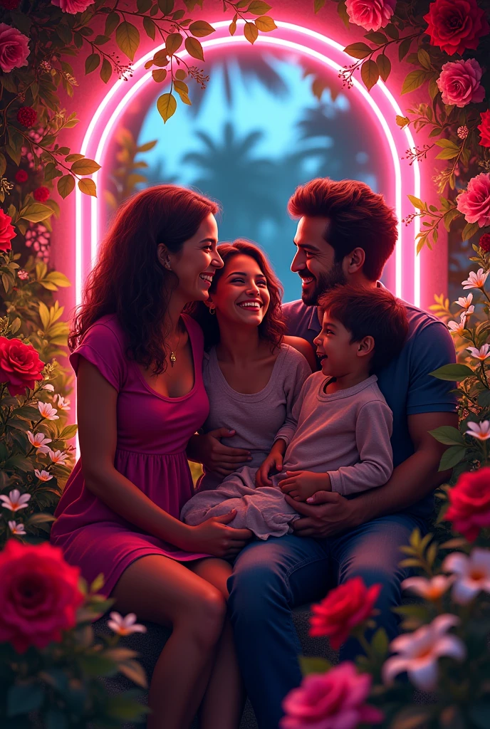 Create an image that reads in Spanish family flowers. Neon lights style