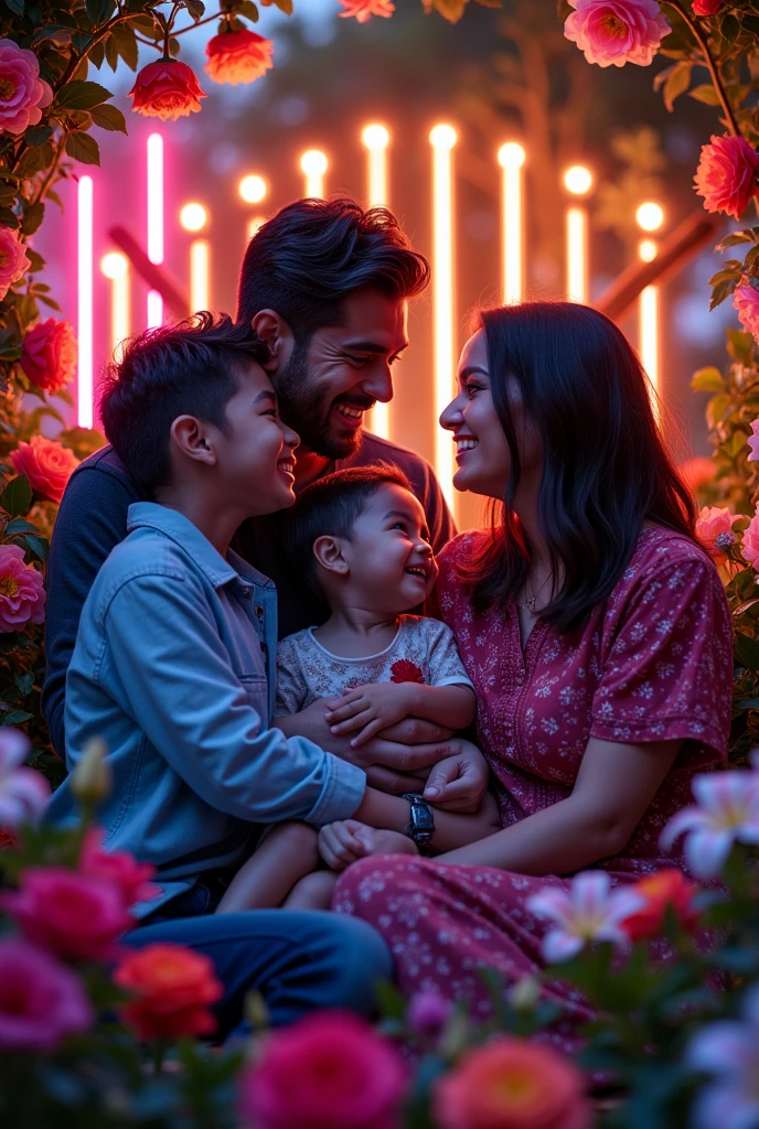 Create an image that reads in Spanish family flowers. Neon lights style 