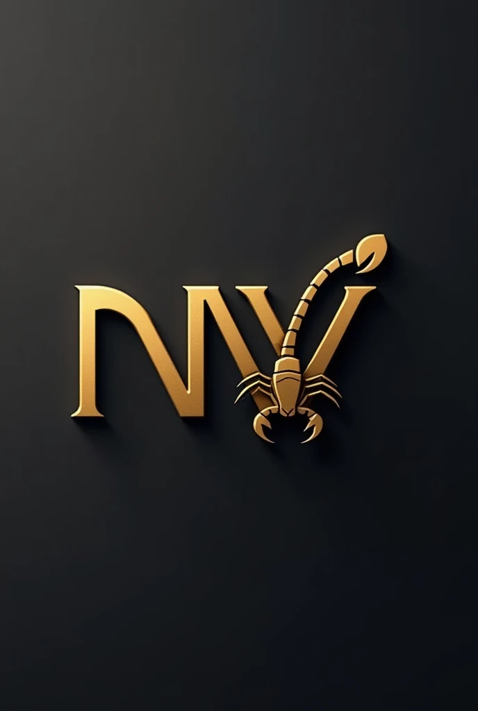 Minimalist and elegant logo silhouette of a scorpion with the letters NV in gold 