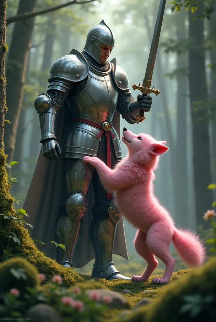 A knight about to kill a baby pink wolf
